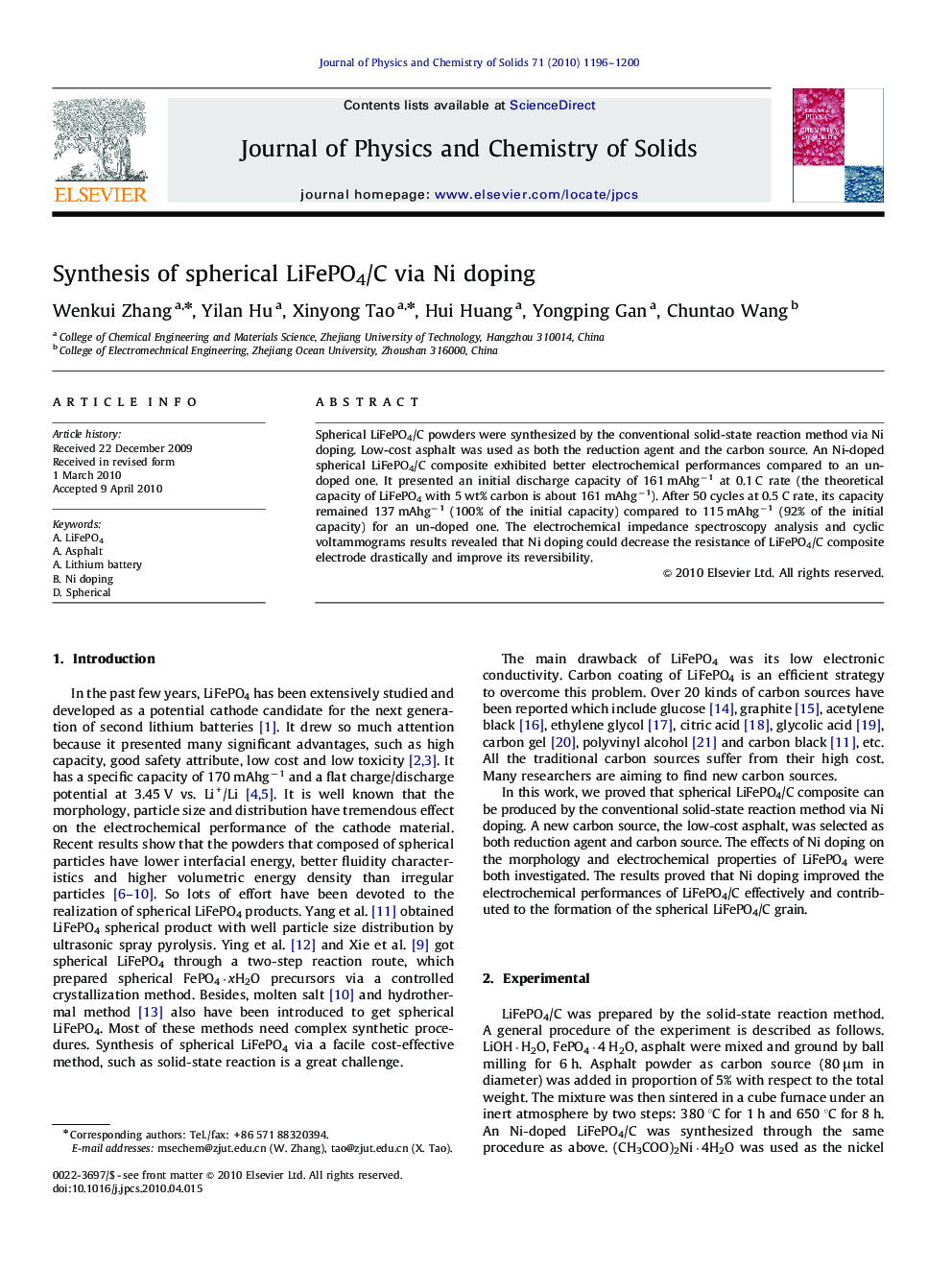 Synthesis of spherical LiFePO4/C via Ni doping