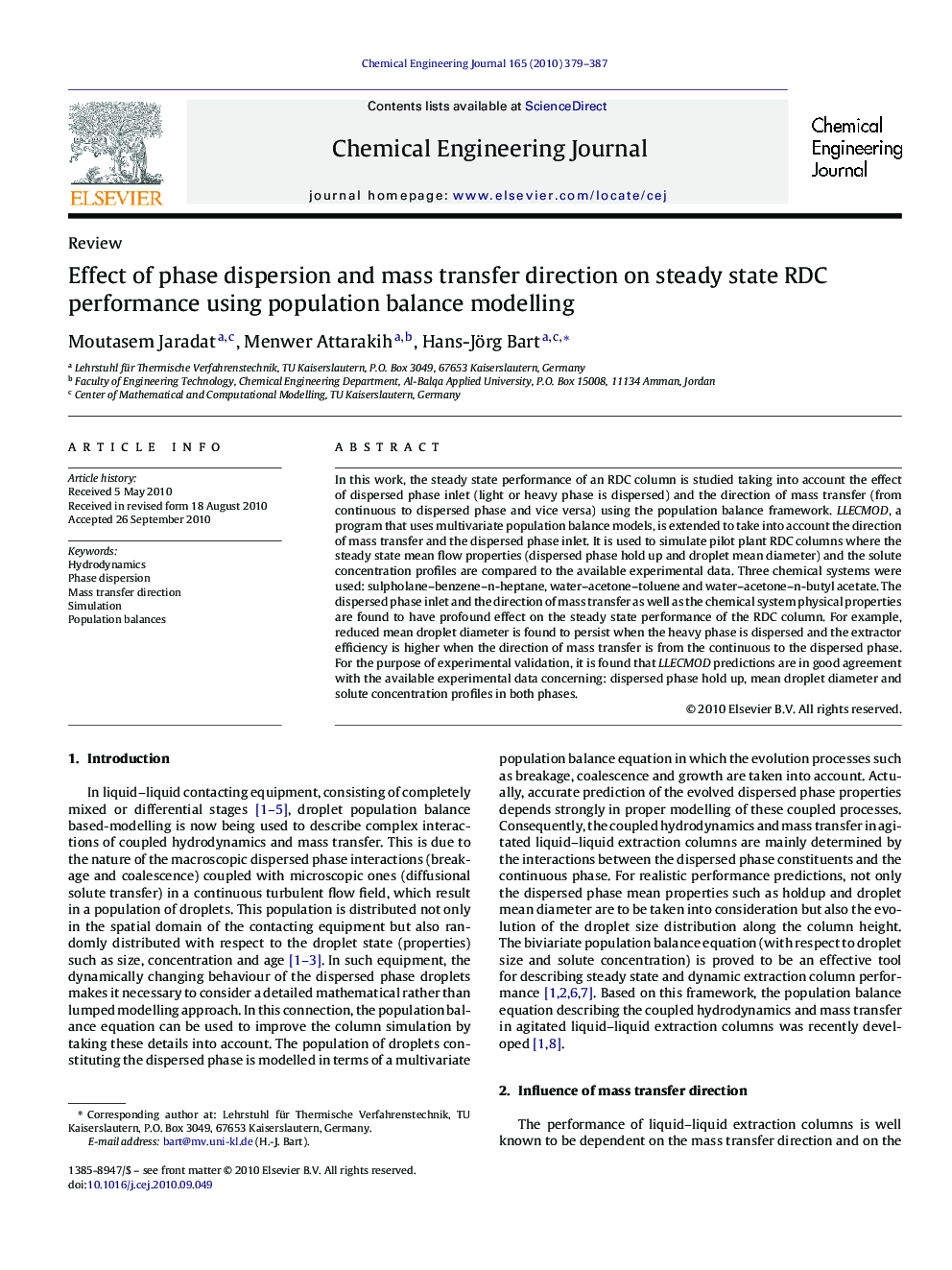 Effect of phase dispersion and mass transfer direction on steady state RDC performance using population balance modelling