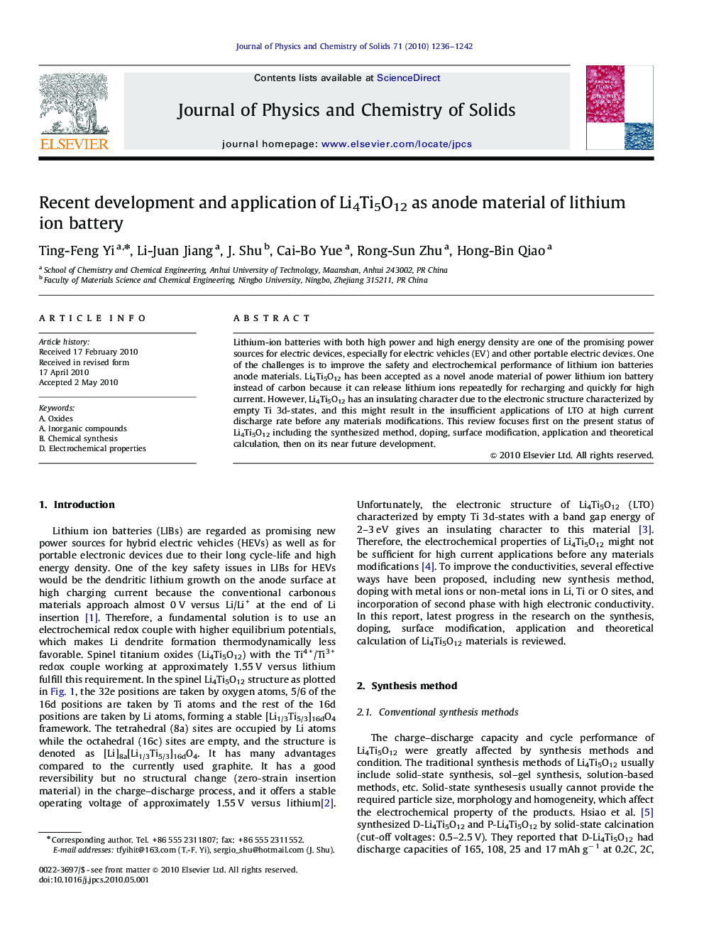 Recent development and application of Li4Ti5O12 as anode material of lithium ion battery