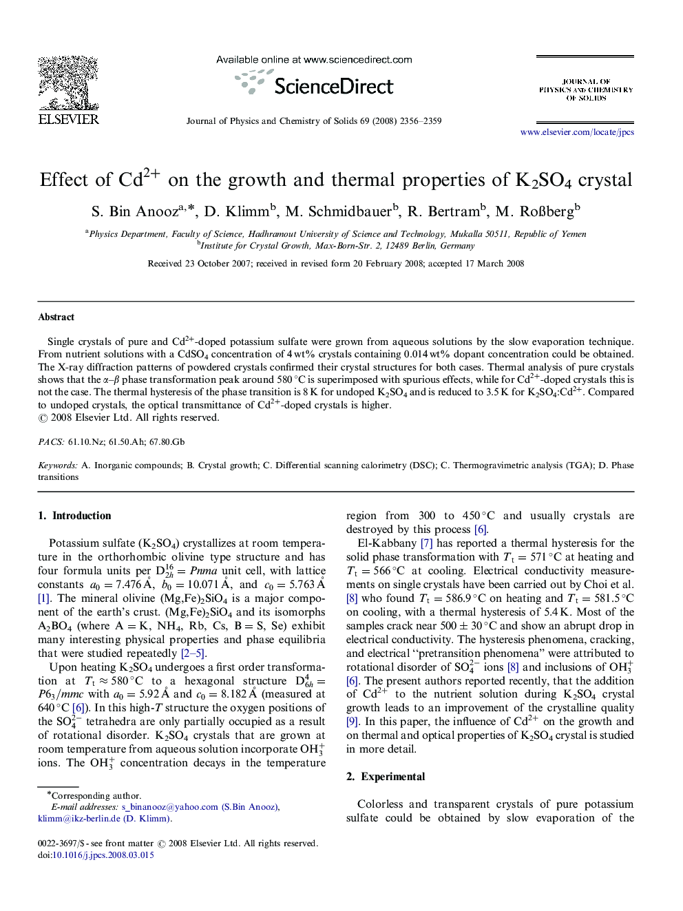 Effect of Cd2+Cd2+ on the growth and thermal properties of K2SO4 crystal