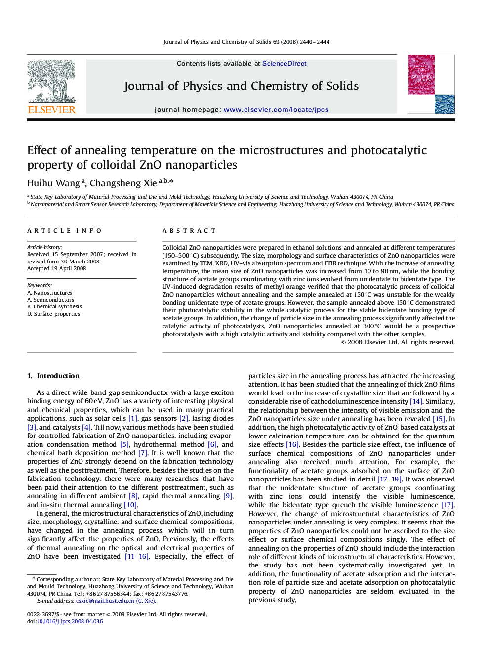 Effect of annealing temperature on the microstructures and photocatalytic property of colloidal ZnO nanoparticles