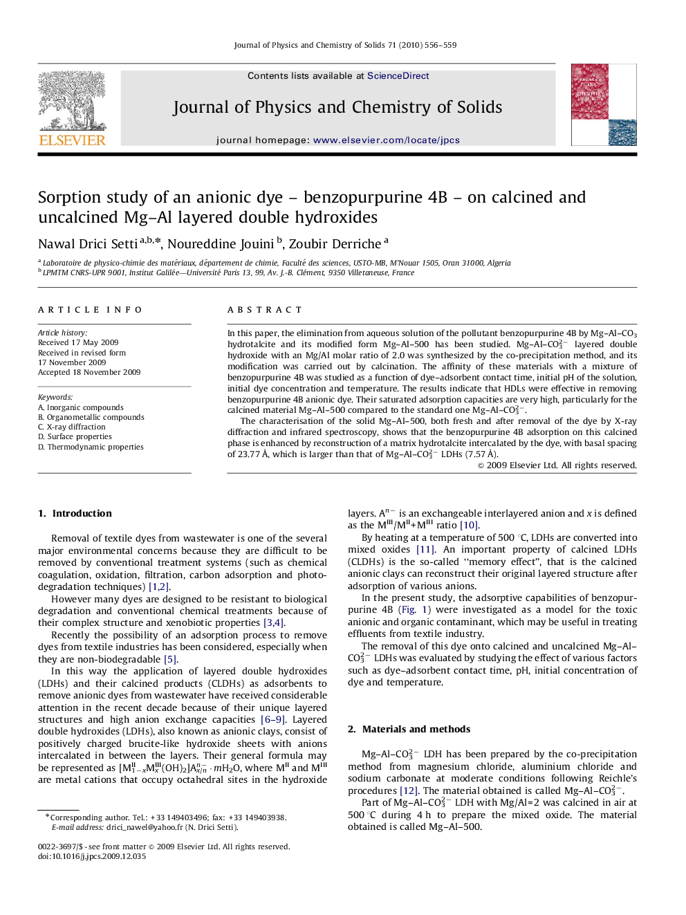 Sorption study of an anionic dye – benzopurpurine 4B – on calcined and uncalcined Mg–Al layered double hydroxides