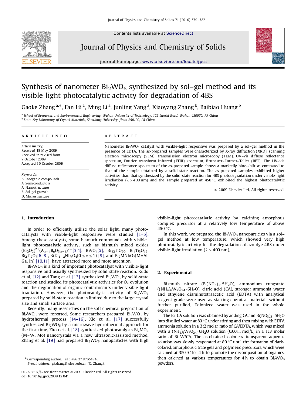 Synthesis of nanometer Bi2WO6 synthesized by sol–gel method and its visible-light photocatalytic activity for degradation of 4BS