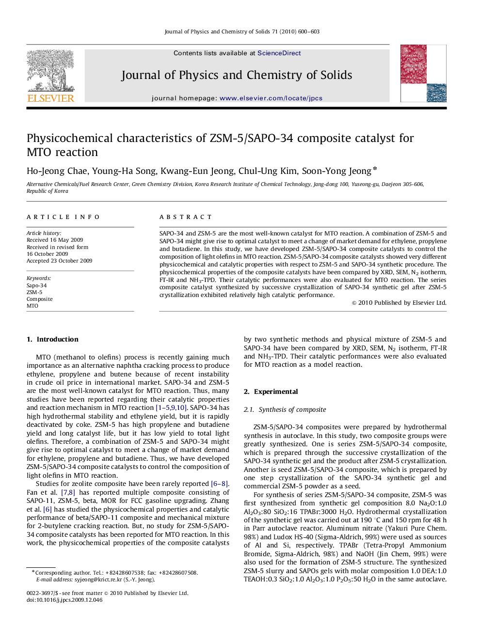 عکس صفحه اول مقاله: Physicochemical characteristics of ZSM-5/SAPO-34 composite catalyst for MTO reaction Physicochemical characteristics of ZSM-5/SAPO-34 composite catalyst for MTO reaction