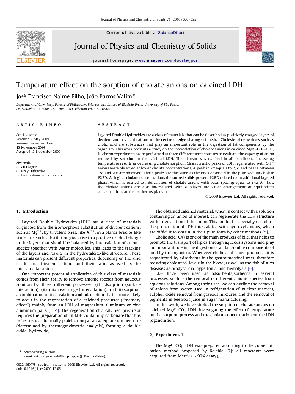 Temperature effect on the sorption of cholate anions on calcined LDH