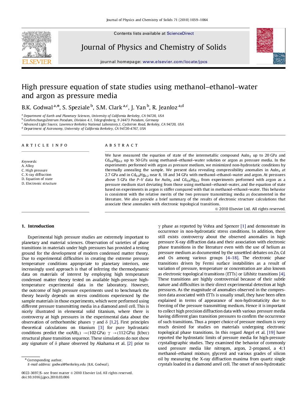 High pressure equation of state studies using methanol–ethanol–water and argon as pressure media