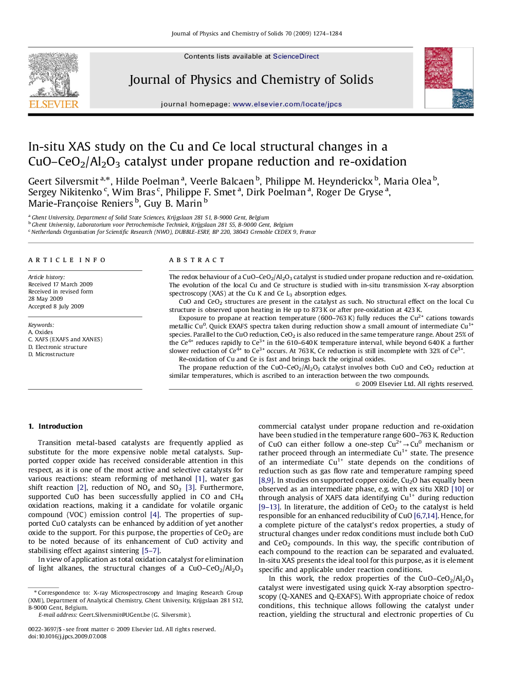 In-situ XAS study on the Cu and Ce local structural changes in a CuO-CeO2/Al2O3 catalyst under propane reduction and re-oxidation