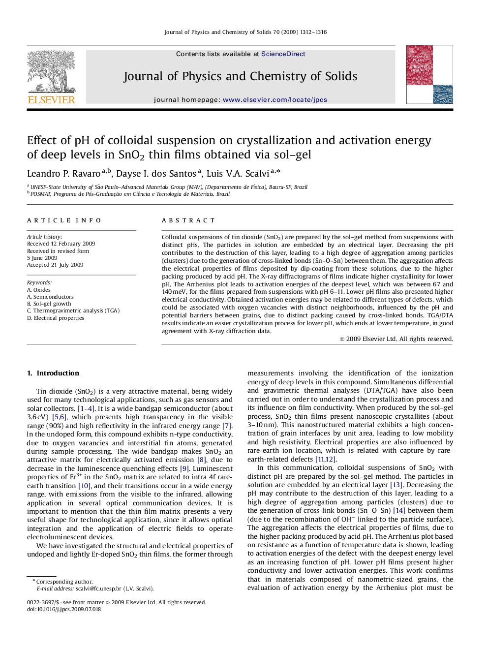 Effect of pH of colloidal suspension on crystallization and activation energy of deep levels in SnO2 thin films obtained via sol–gel