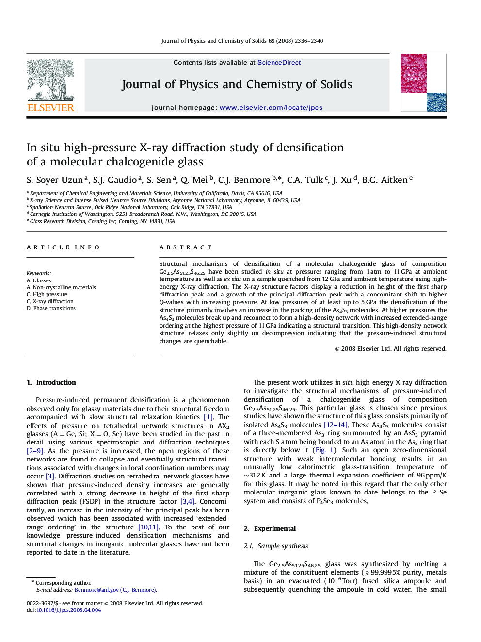 In situ high-pressure X-ray diffraction study of densification of a molecular chalcogenide glass