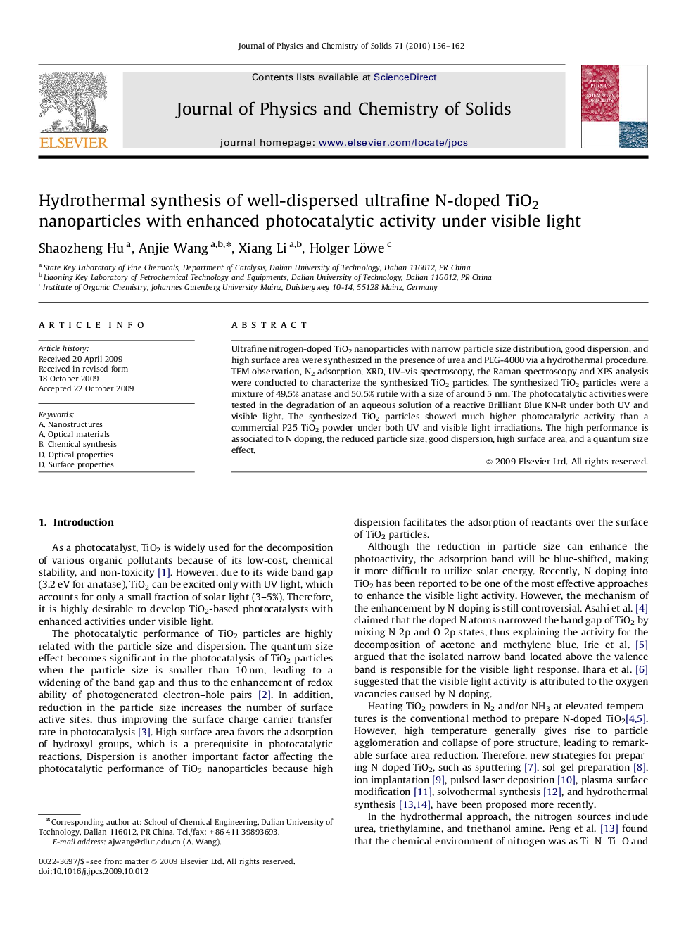 Hydrothermal synthesis of well-dispersed ultrafine N-doped TiO2 nanoparticles with enhanced photocatalytic activity under visible light