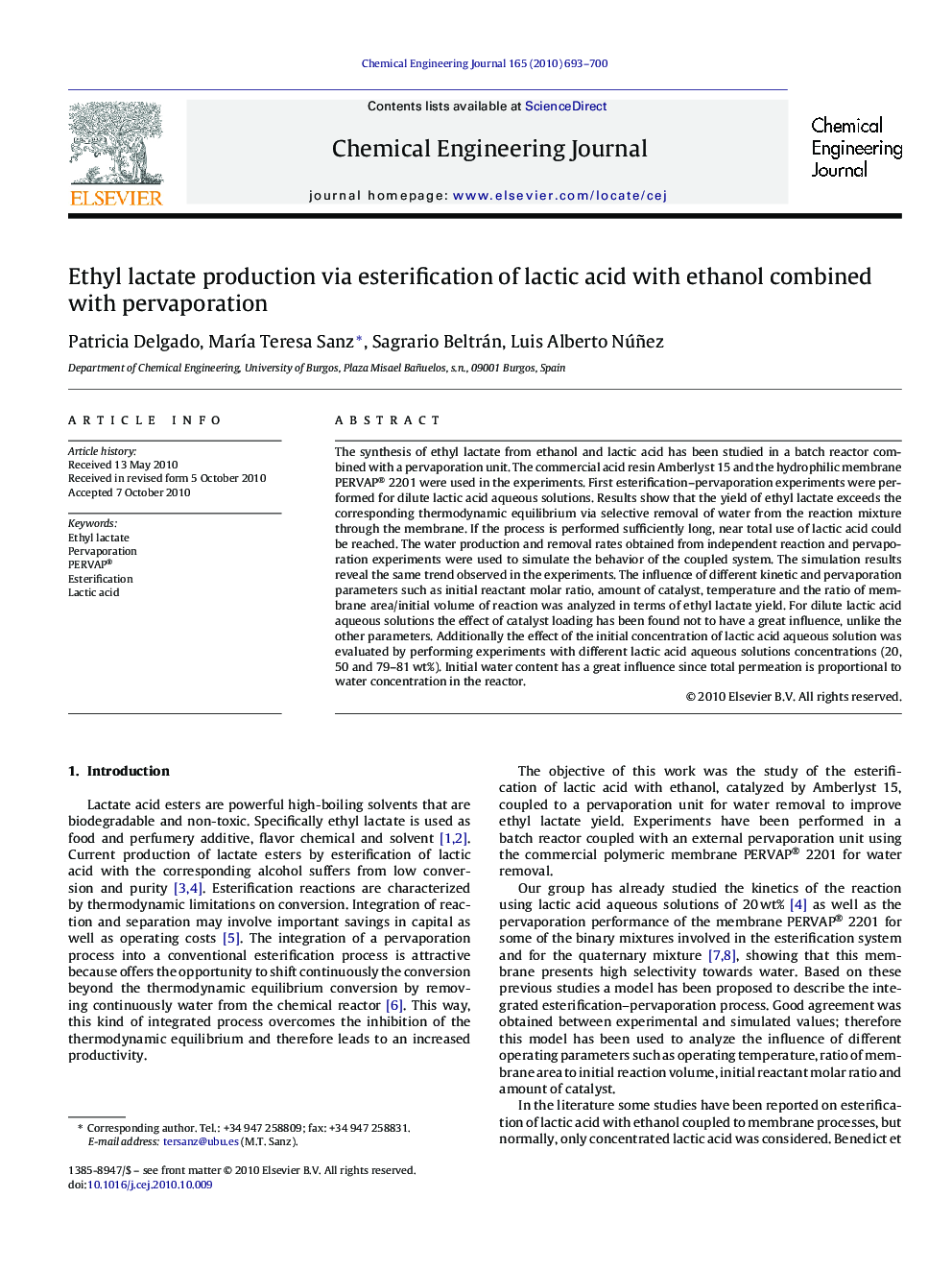 عکس صفحه اول مقاله: Ethyl lactate production via esterification of lactic acid with ethanol combined with pervaporation Ethyl lactate production via esterification of lactic acid with ethanol combined with pervaporation