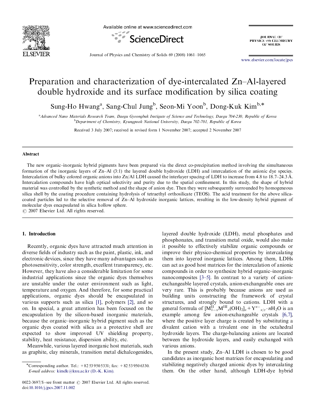 عکس صفحه اول مقاله: Preparation and characterization of dye-intercalated Zn–Al-layered double hydroxide and its surface modification by silica coating Preparation and characterization of dye-intercalated Zn–Al-layered double hydroxide and its surface modification by silica coating