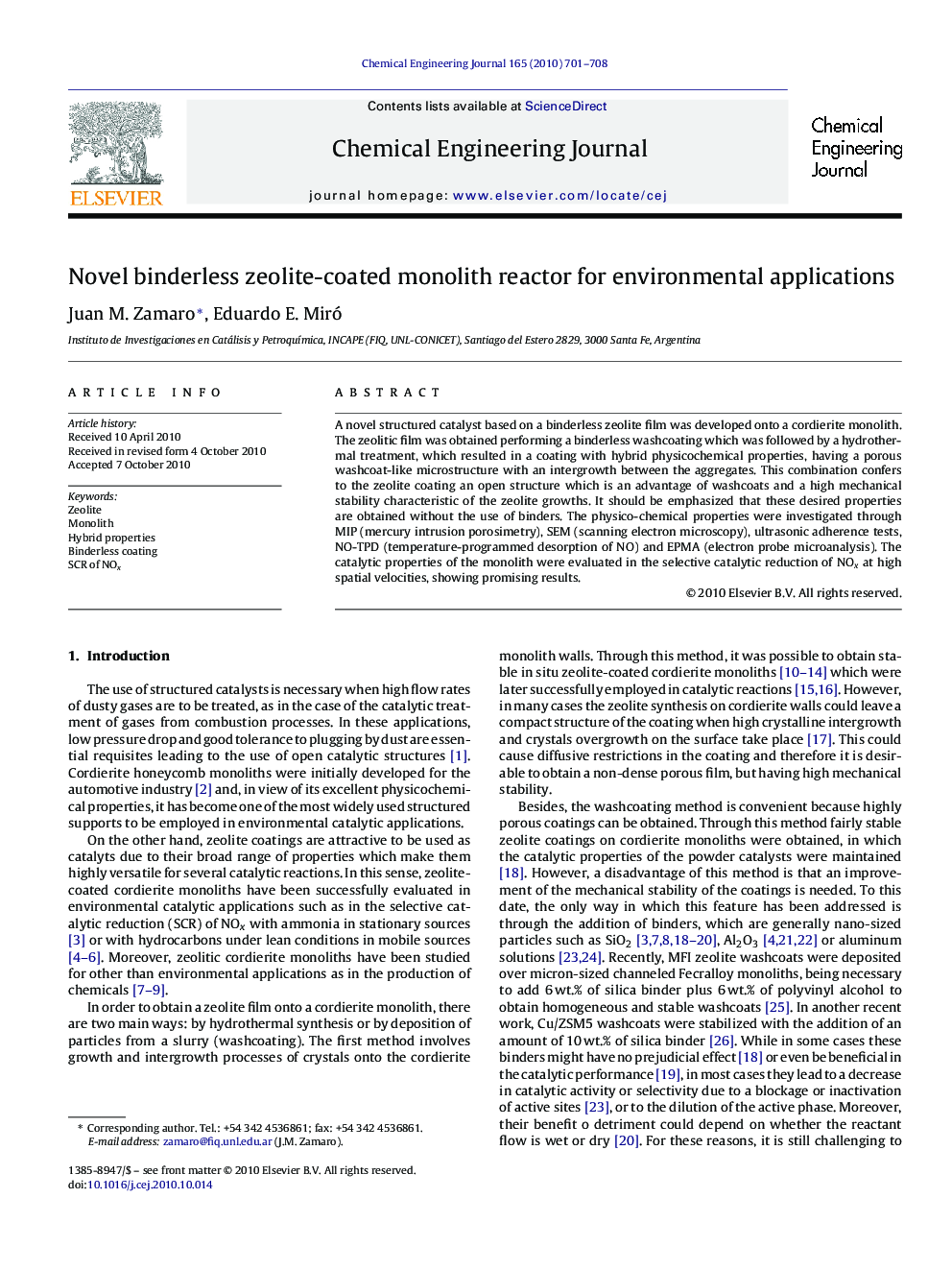 Novel binderless zeolite-coated monolith reactor for environmental applications