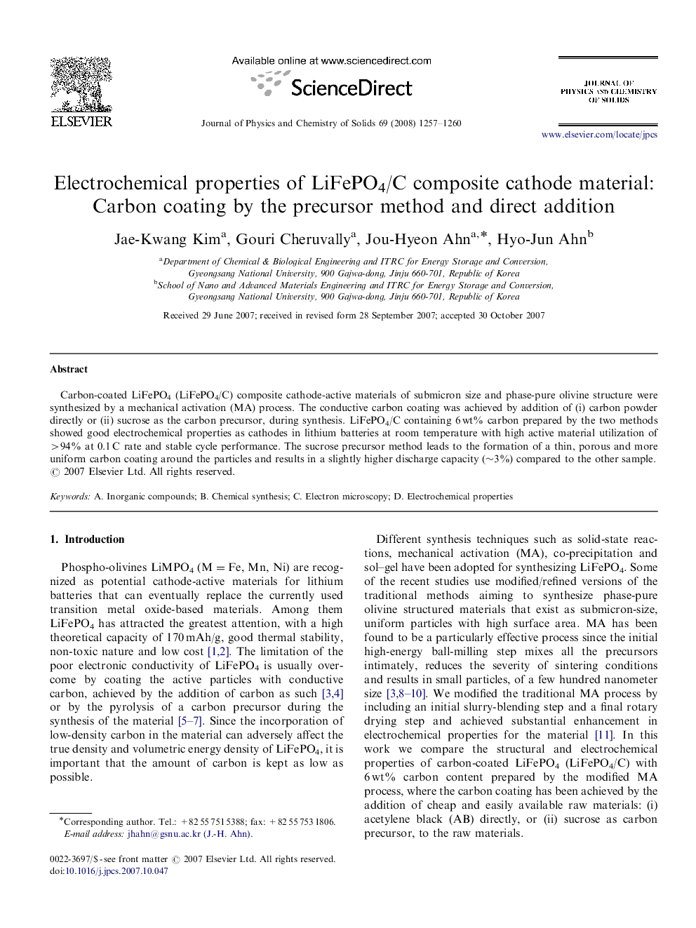 Electrochemical properties of LiFePO4/C composite cathode material: Carbon coating by the precursor method and direct addition