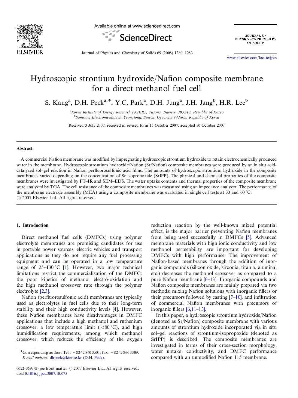 عکس صفحه اول مقاله: Hydroscopic strontium hydroxide/Nafion composite membrane for a direct methanol fuel cell Hydroscopic strontium hydroxide/Nafion composite membrane for a direct methanol fuel cell