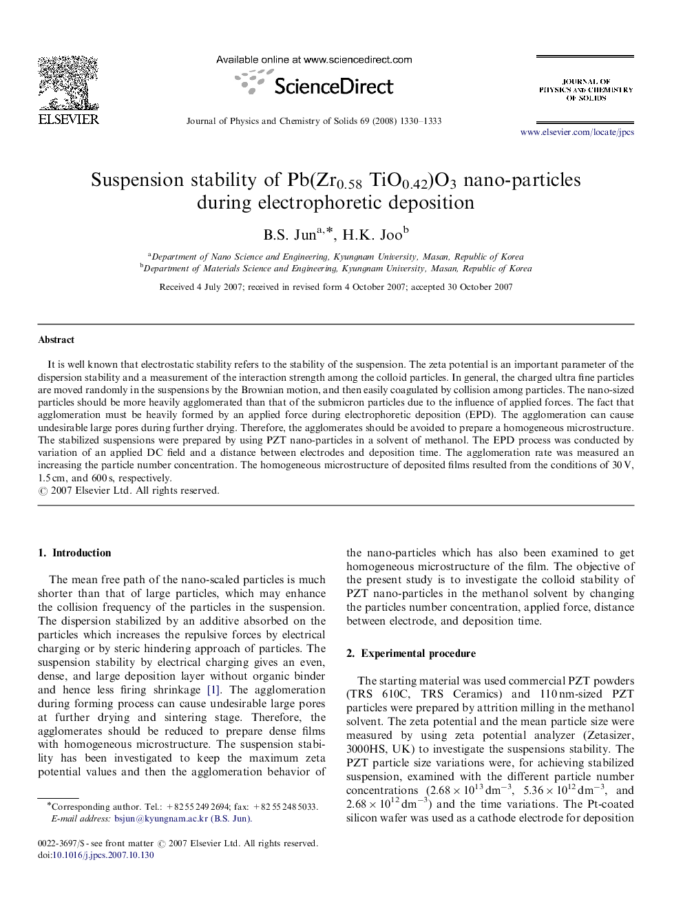 عکس صفحه اول مقاله: Suspension stability of Pb(Zr0.58 TiO0.42)O3 nano-particles during electrophoretic deposition Suspension stability of Pb(Zr0.58 TiO0.42)O3 nano-particles during electrophoretic deposition
