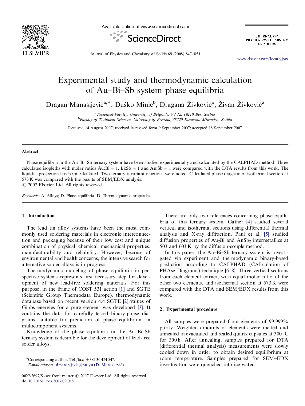 Experimental study and thermodynamic calculation of Au-Bi-Sb system phase equilibria