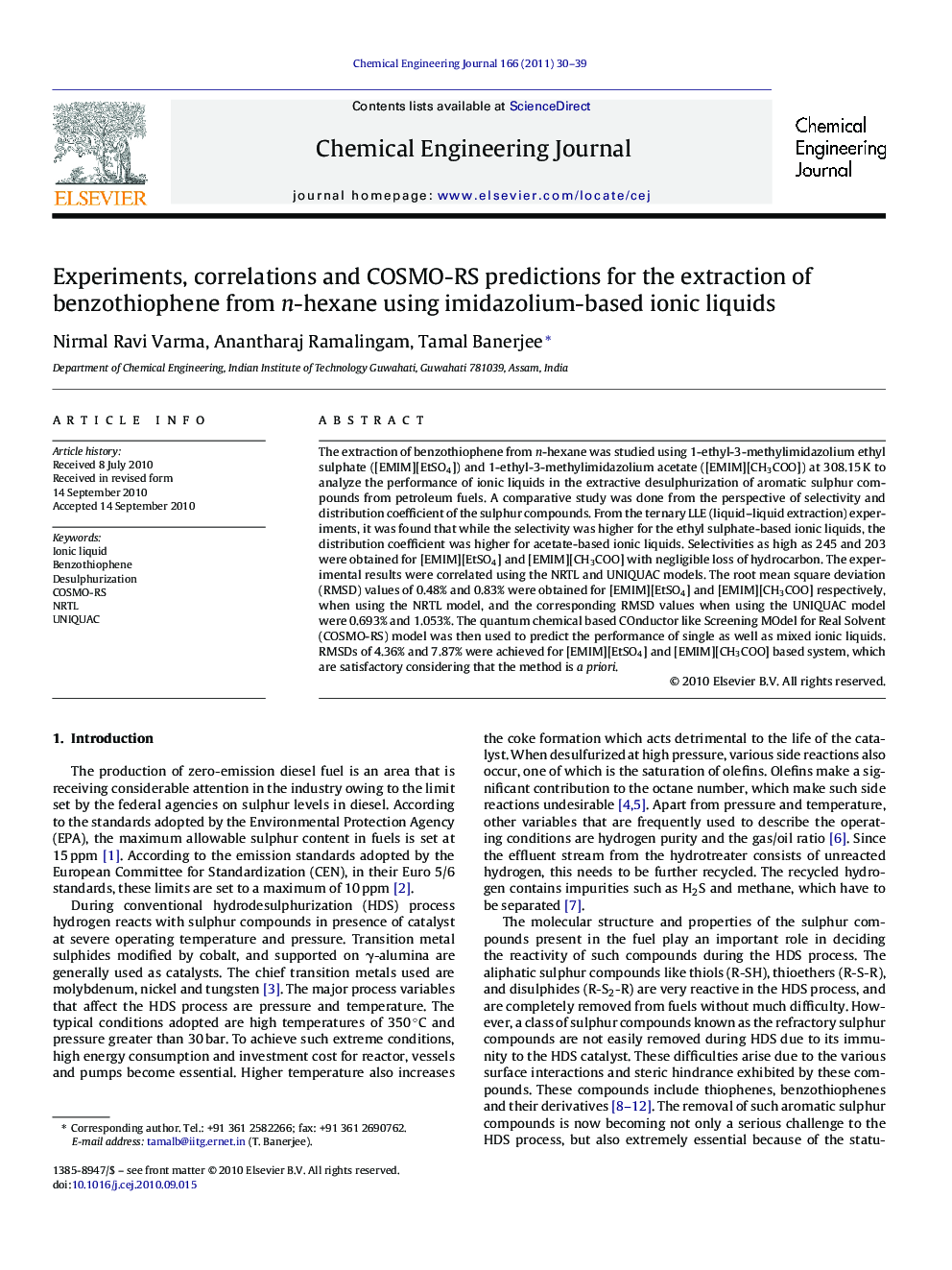 Experiments, correlations and COSMO-RS predictions for the extraction of benzothiophene from n-hexane using imidazolium-based ionic liquids