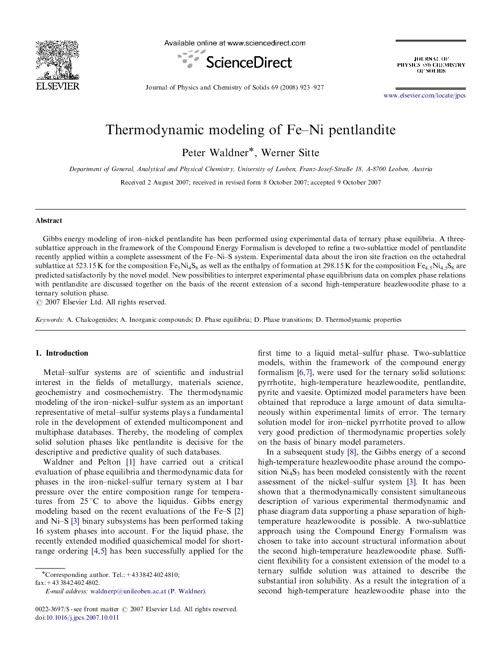 Thermodynamic modeling of Fe–Ni pentlandite