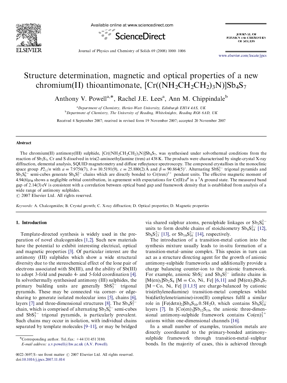 Structure determination, magnetic and optical properties of a new chromium(II) thioantimonate, [Cr((NH2CH2CH2)3N)]Sb4S7