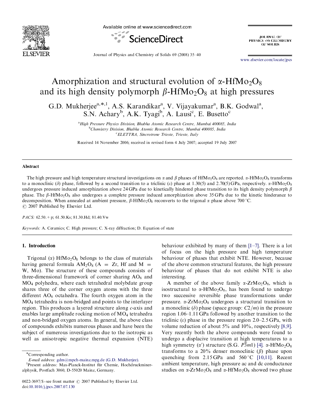 Amorphization and structural evolution of αα-HfMo2O8HfMo2O8 and its high density polymorph ββ-HfMo2O8HfMo2O8 at high pressures