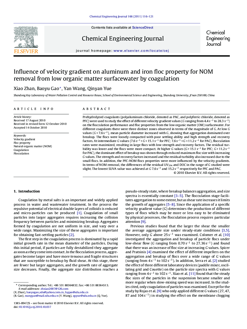 عکس صفحه اول مقاله: Influence of velocity gradient on aluminum and iron floc property for NOM removal from low organic matter surfacewater by coagulation Influence of velocity gradient on aluminum and iron floc property for NOM removal from low organic matter surfacewater by coagulation