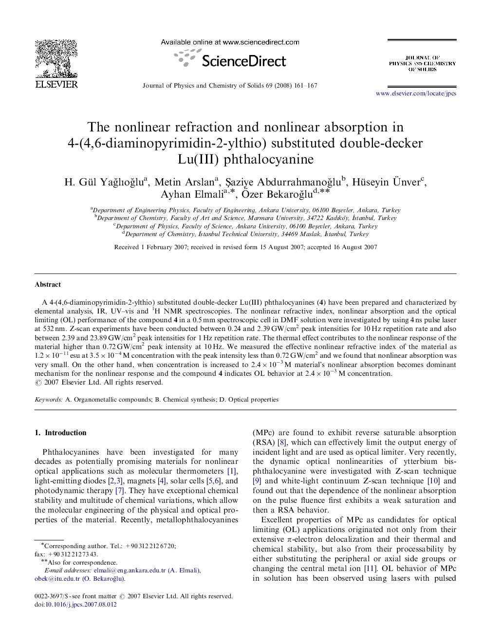 The nonlinear refraction and nonlinear absorption in 4-(4,6-diaminopyrimidin-2-ylthio) substituted double-decker Lu(III) phthalocyanine