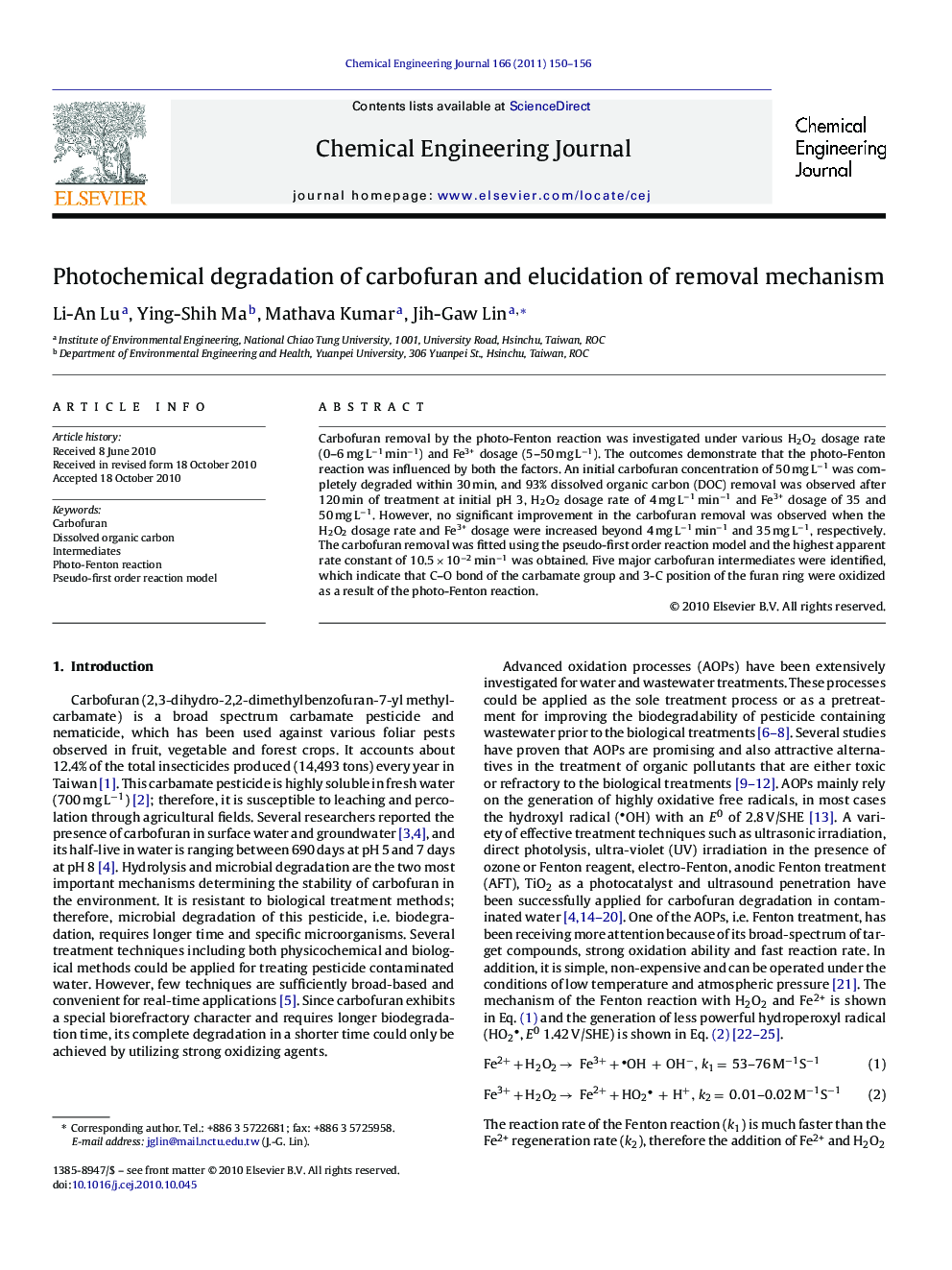 Photochemical degradation of carbofuran and elucidation of removal mechanism