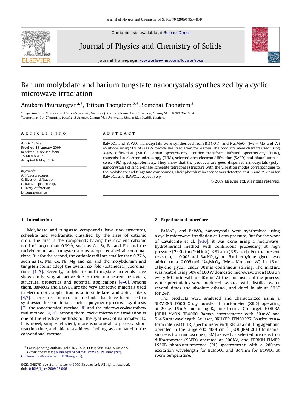 Barium molybdate and barium tungstate nanocrystals synthesized by a cyclic microwave irradiation