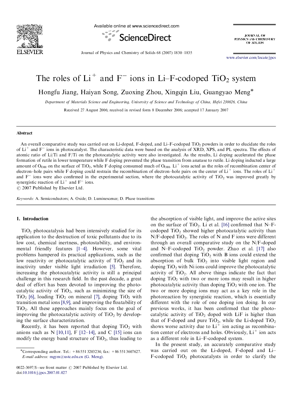 The roles of Li+ and F− ions in Li–F-codoped TiO2 system