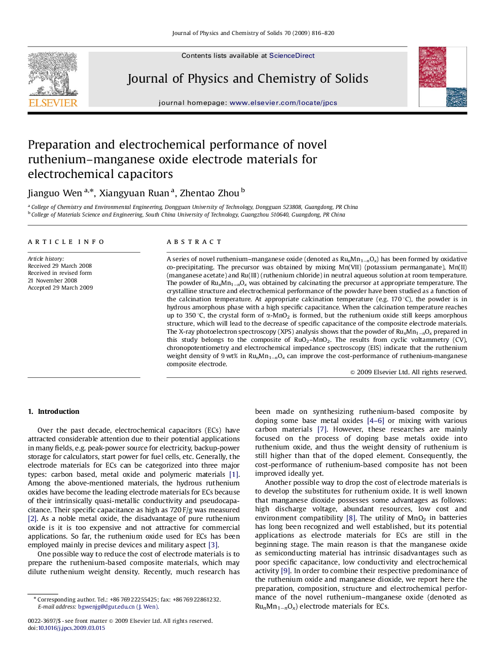 Preparation and electrochemical performance of novel ruthenium–manganese oxide electrode materials for electrochemical capacitors