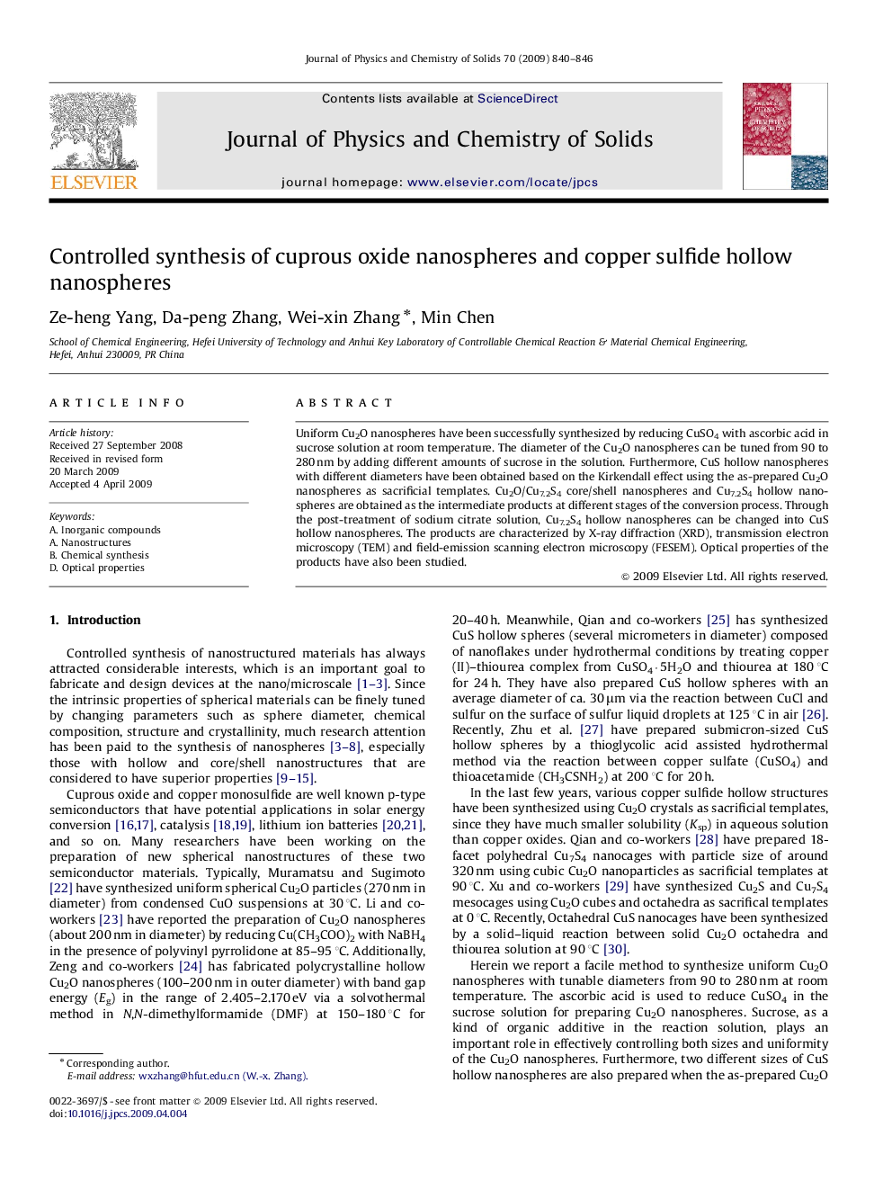 Controlled synthesis of cuprous oxide nanospheres and copper sulfide hollow nanospheres