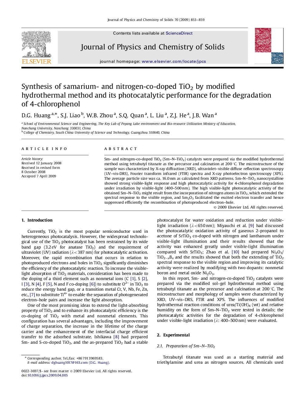 Synthesis of samarium- and nitrogen-co-doped TiO2 by modified hydrothermal method and its photocatalytic performance for the degradation of 4-chlorophenol