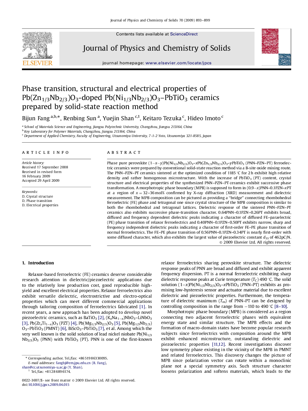 Phase transition, structural and electrical properties of Pb(Zn1/3Nb2/3)O3-doped Pb(Ni1/3Nb2/3)O3–PbTiO3 ceramics prepared by solid-state reaction method