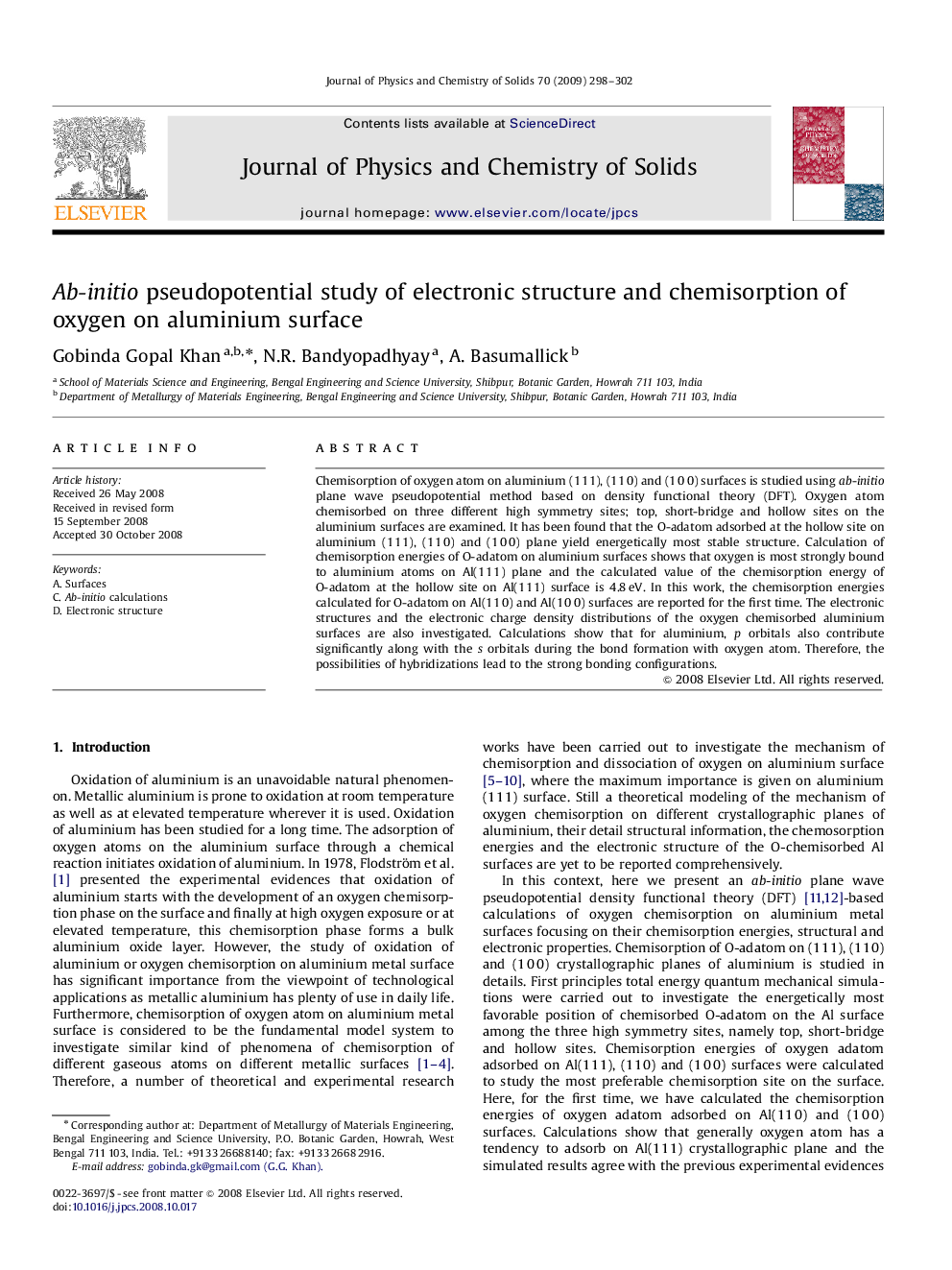 Ab-initio pseudopotential study of electronic structure and chemisorption of oxygen on aluminium surface