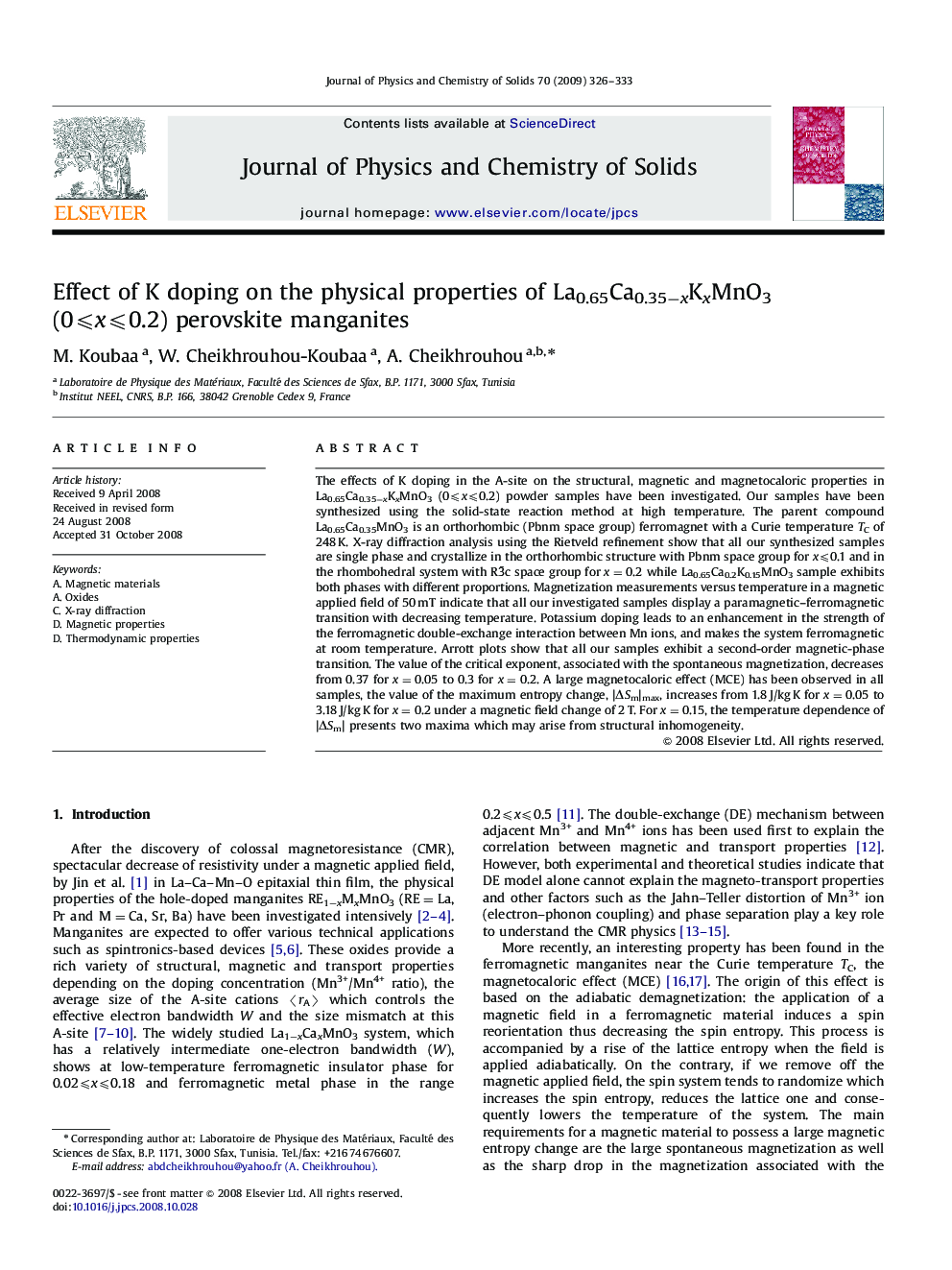 Effect of K doping on the physical properties of La0.65Ca0.35âxKxMnO3 (0â©½xâ©½0.2) perovskite manganites