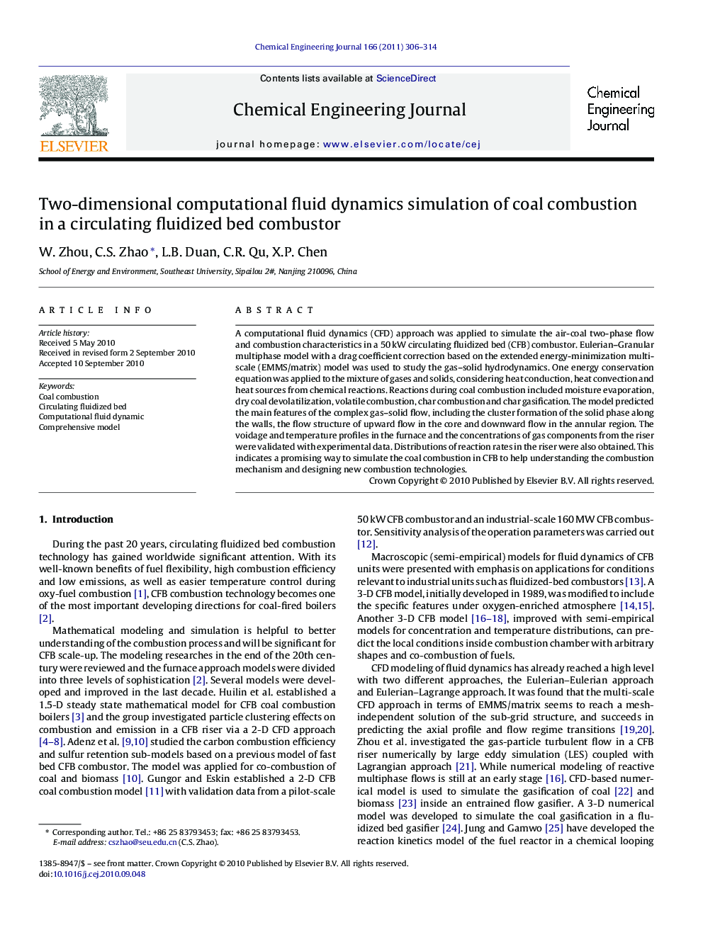 Two-dimensional computational fluid dynamics simulation of coal combustion in a circulating fluidized bed combustor