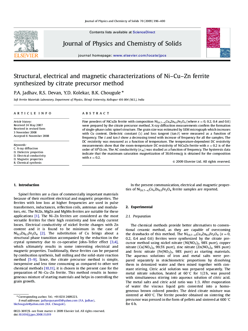 Structural, electrical and magnetic characterizations of Ni–Cu–Zn ferrite synthesized by citrate precursor method