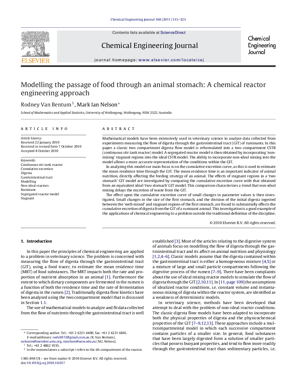 Modelling the passage of food through an animal stomach: A chemical reactor engineering approach