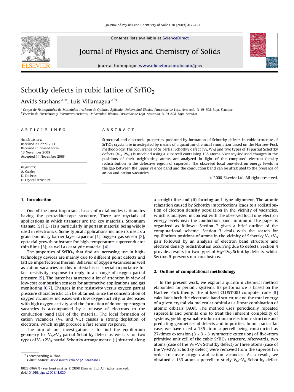 Schottky defects in cubic lattice of SrTiO3