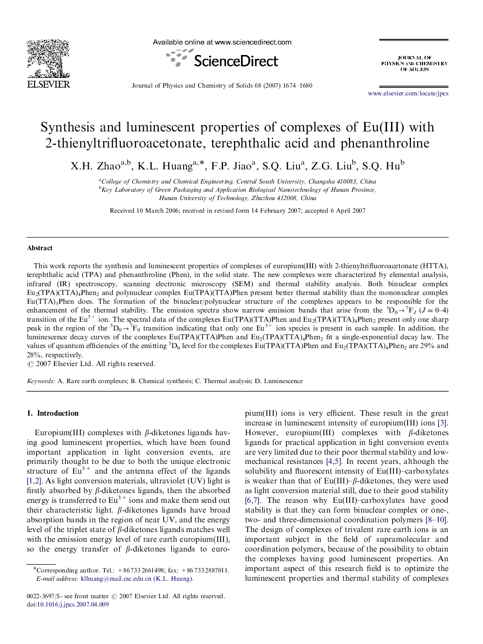 Synthesis and luminescent properties of complexes of Eu(III) with 2-thienyltrifluoroacetonate, terephthalic acid and phenanthroline