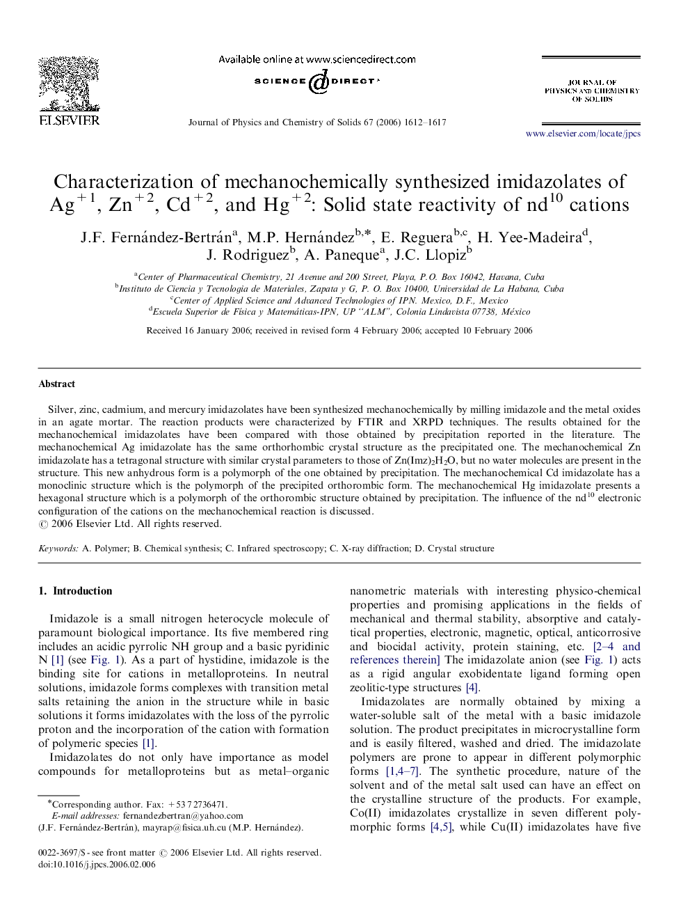 Characterization of mechanochemically synthesized imidazolates of Ag+1, Zn+2, Cd+2, and Hg+2: Solid state reactivity of nd10 cations