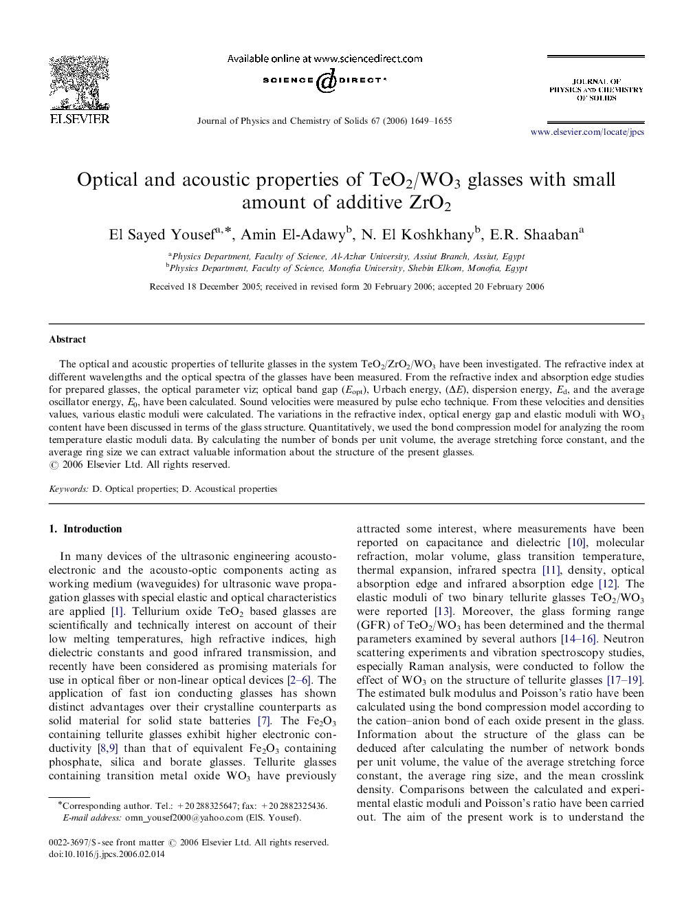 Optical and acoustic properties of TeO2/WO3 glasses with small amount of additive ZrO2