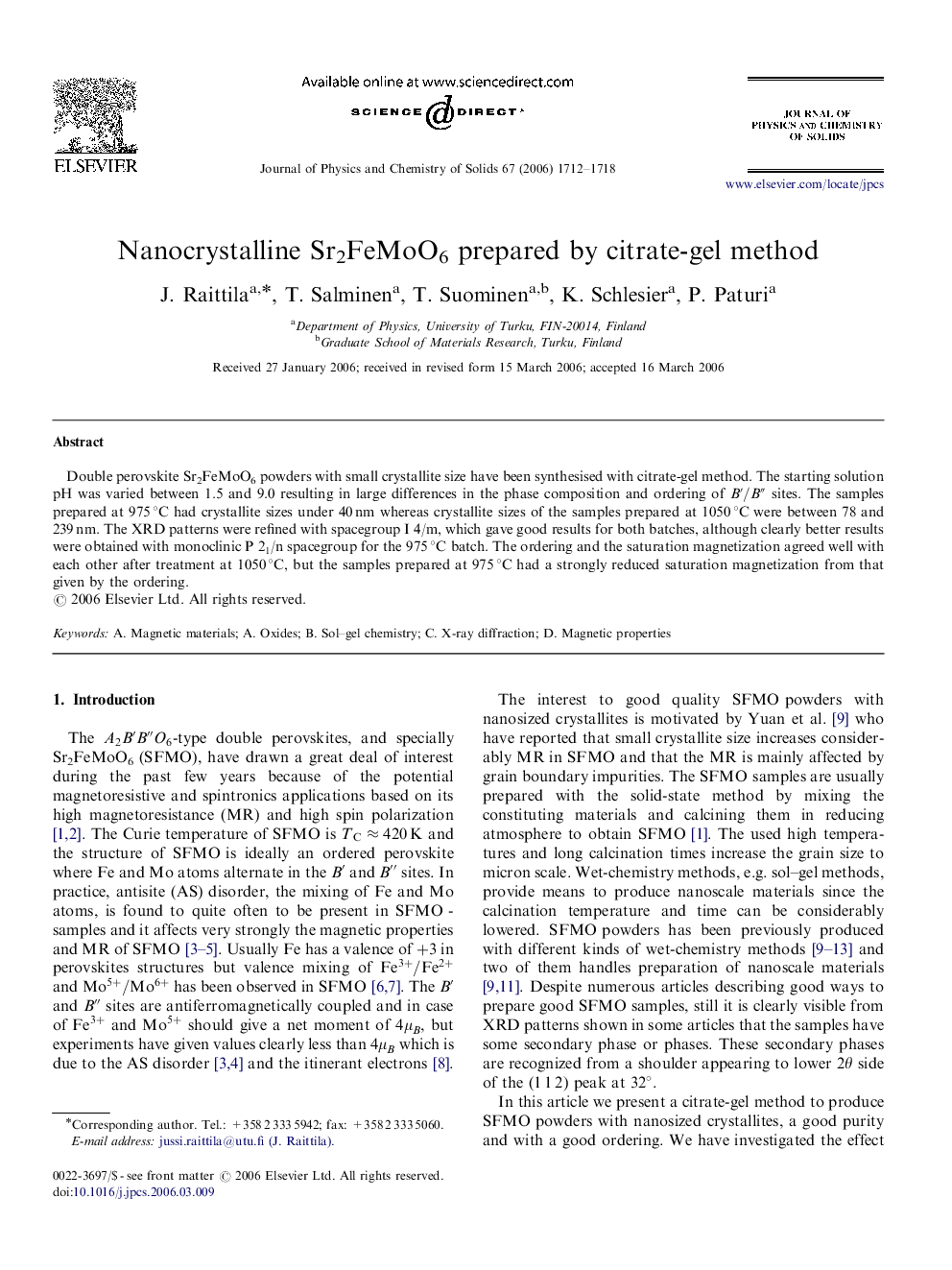 Nanocrystalline Sr2FeMoO6 prepared by citrate-gel method