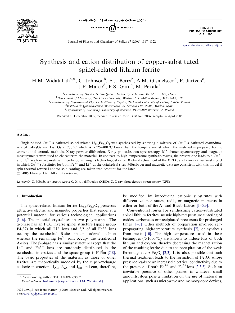Synthesis and cation distribution of copper-substituted spinel-related lithium ferrite