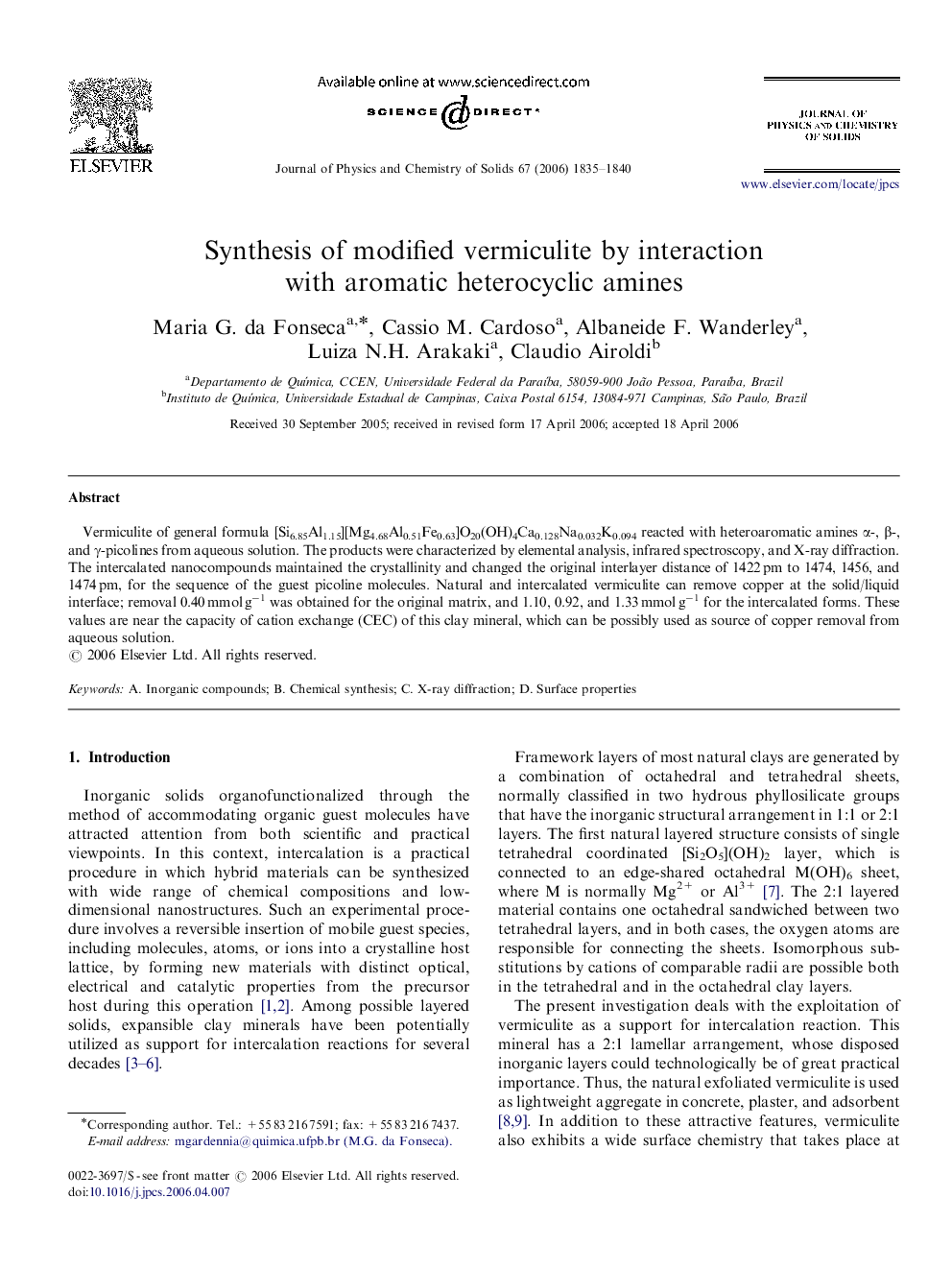 Synthesis of modified vermiculite by interaction with aromatic heterocyclic amines