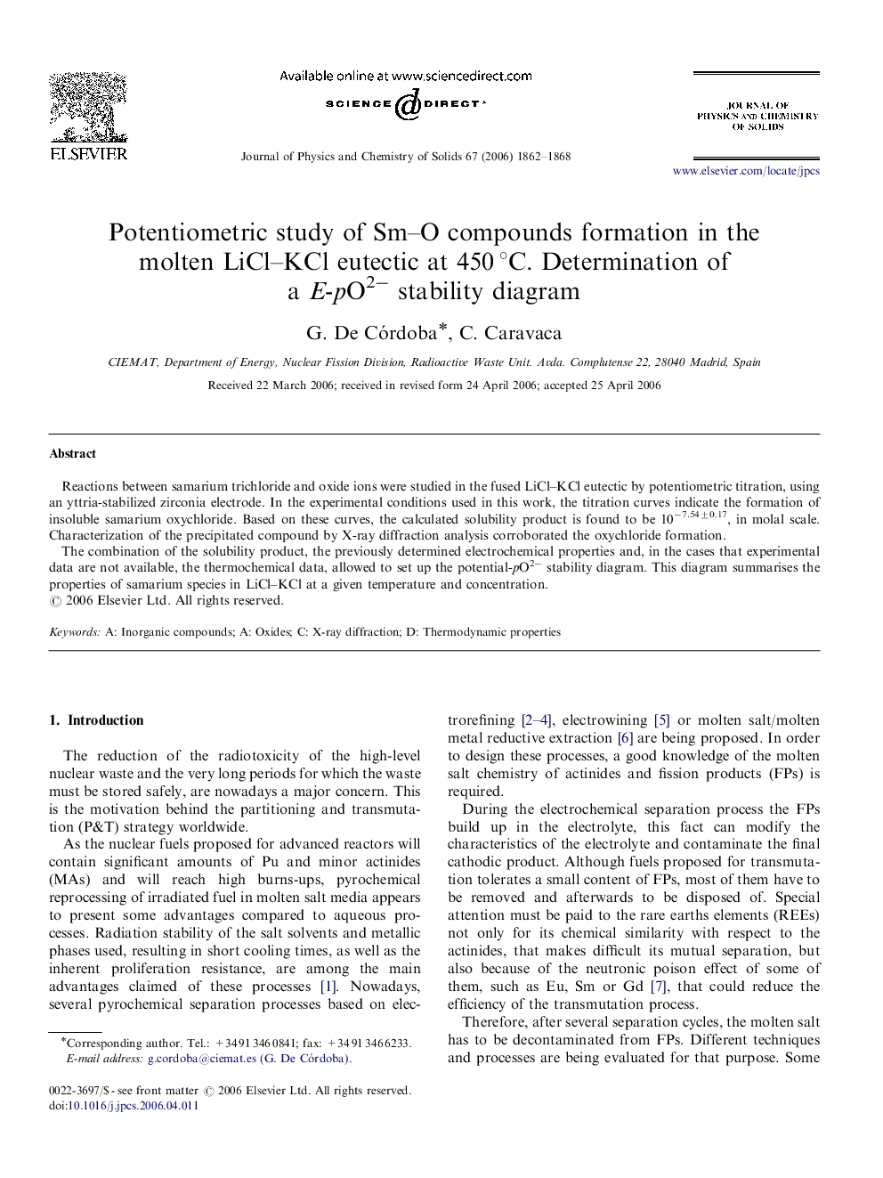 Potentiometric study of Sm–O compounds formation in the molten LiCl–KCl eutectic at 450 °C. Determination of a E-pO2− stability diagram