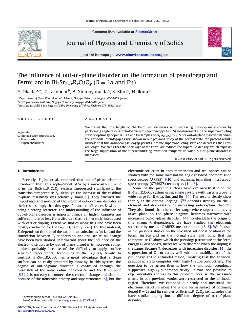 The influence of out-of-plane disorder on the formation of pseudogap and Fermi arc in Bi2Sr2âxRxCuOy (R=La and Eu)