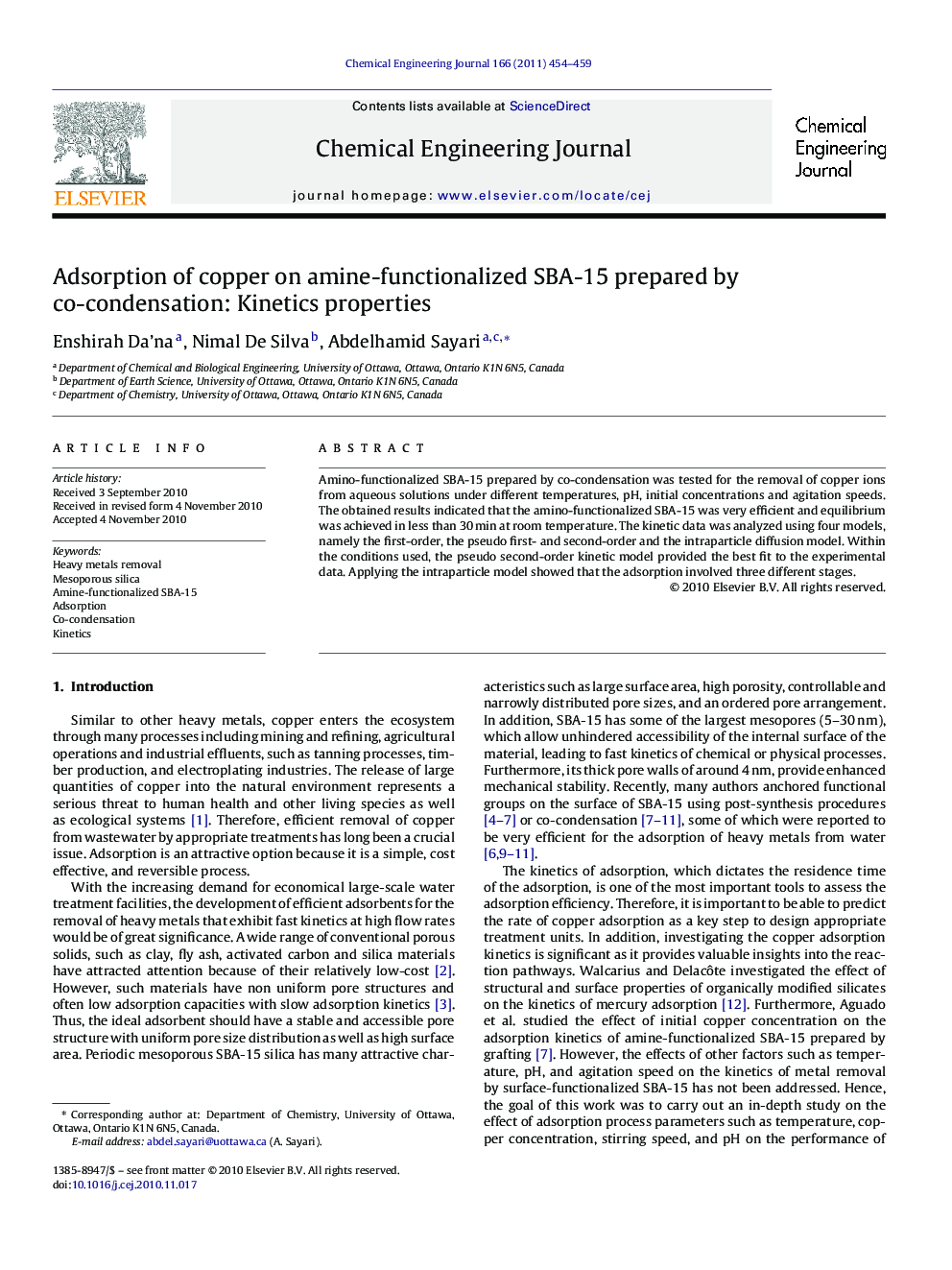 Adsorption of copper on amine-functionalized SBA-15 prepared by co-condensation: Kinetics properties