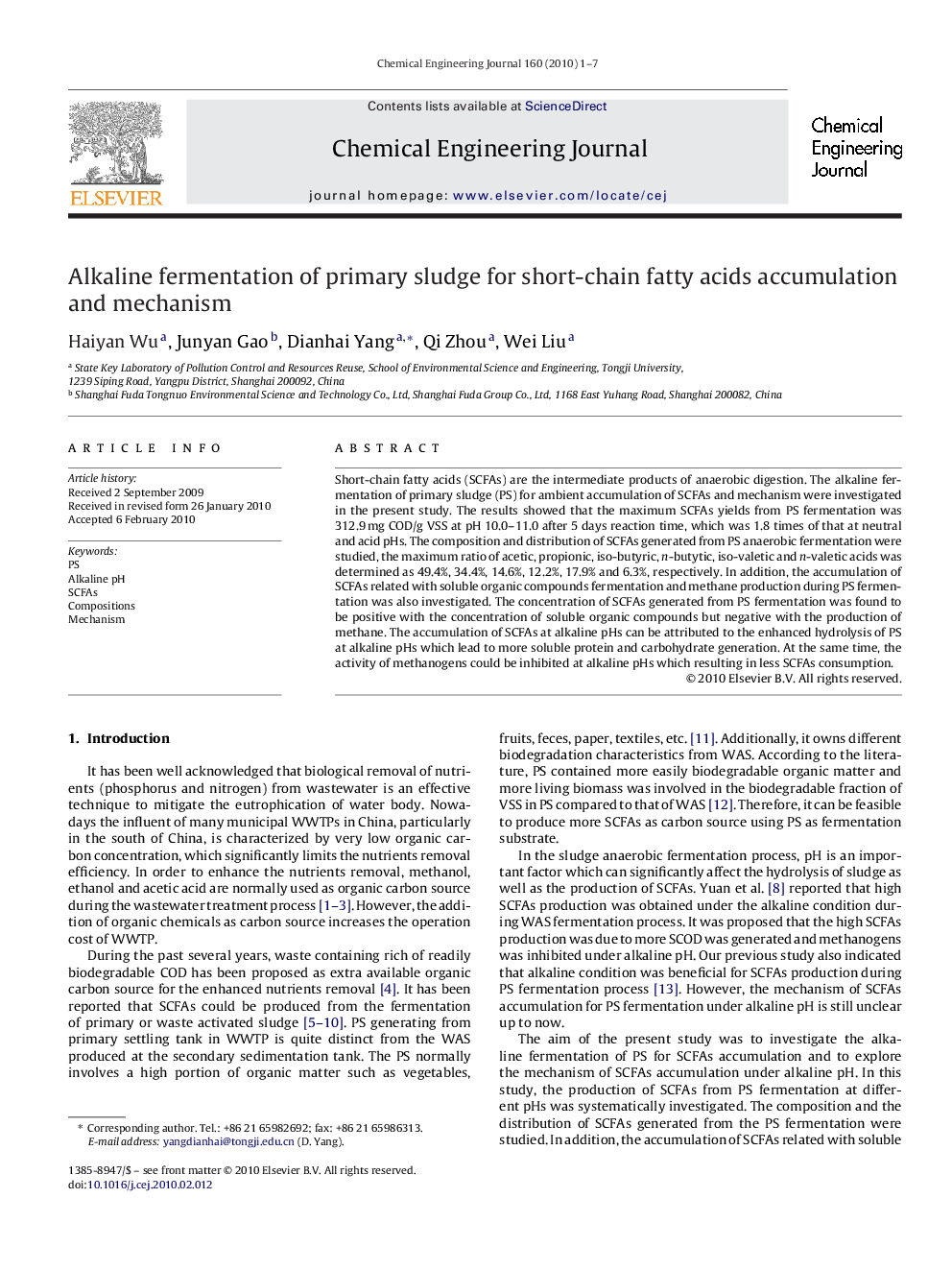 Alkaline fermentation of primary sludge for short-chain fatty acids accumulation and mechanism